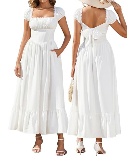 XinFSh Womens Summer Square Neck Lace Corset Wedding Guest Maxi Dress Floral Flowy Bow Tie Tea Party Dresses with Pocktes White