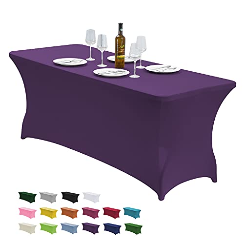 CWK 4FT Waterproof Stretch Spandex Table Cover for Rectangular Tables - Elastic Fitted Tablecloth for Folding Tables,Wrinkle Resistant Table Cloth for Parties, Weddings, Banquets & Events (Dark Puple) by CWK - Used condition - US$11.57