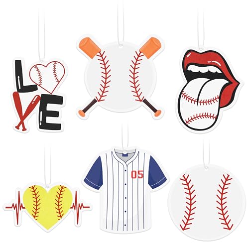 6Pcs Baseball Car Air Fresheners Funny Sports Scented Car Diffuser Rearview Mirror Hanging Ornament Decor Automotive Interior Accessories Birthday Christmas Gift for Baseball Lovers Players Coach Fans