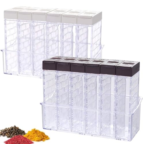 Anberky 12 PCS Spice Shaker Jars, Salt and Pepper Shakers Set, Seasoning Shaker Boxes Condiment Set, Plastic Spice Dispenser Cases Clear Seasoning Storage Container Bottles with Lid & Tray (#A)
