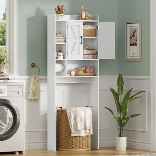 Image of TEENFON Over The Toilet Storage Cabinet with 4 Open Shelves and Adjustable Shelf, Extra Tall Bathroom Organizer Unit with 2 Barn Doors, Home Space Saver for Bathroom, Laundry Room, White