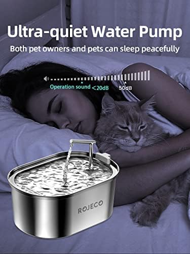 ROJECO Cat Water Fountain, 3.2L Stainless Steel Pet Water Dispensers, Ultra-quiet Dog Drinking Fountain with Filters, Automatic Water Fountain for Pets, Anti-Dry Design Water Fountain Cat Bowl