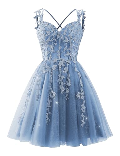 Glitter Tulle Homecoming Dresses for Teens Lace Applique Short Prom Dress 2025 V Neck Cocktail Party Gown