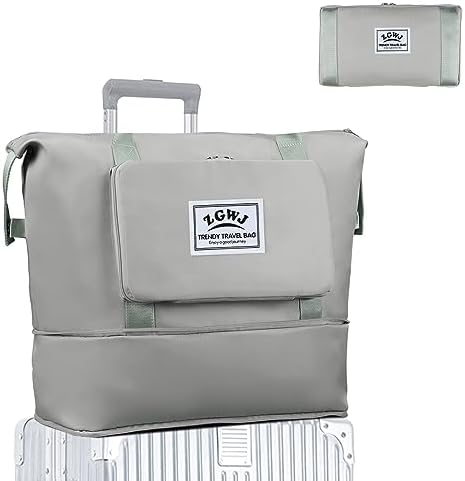 ZGWJ Travel Tote Bags, Expandable Overnight Weekender Bag for Women Foldable Carry-On Bag Hospital Bag Essentials Gym Workout Bag Spirit Airlines Personal Item Bag with Trolley Sleeve, Grey