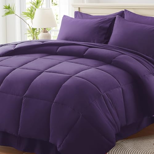 Anluoer Full Comforter Set 7 Piece, Dark Purple Bed in a Bag with Sheets, Comforters Full Size Bedding Sets with 1 Comforter, 2 Pillow Shams, 2 Pillowcases, 1 Flat Sheet,1 Fitted Sheet
