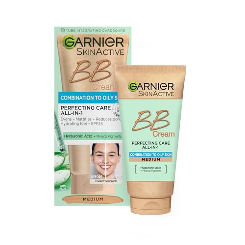 Garnier Oil-Free Perfecting All-in-1 BB Cream Shade Medium Tinted Moisturiser SPF25 Mattifies Skin & Evens Complexion With Hyaluronic Acid Aloe & Mineral Pigments 50ml