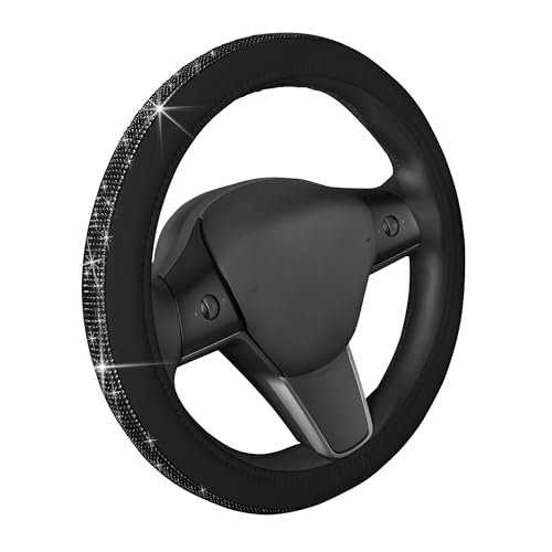 Carbella Bling Bling Glitter Diamond Leather Steering Wheel Cover with 9 Rows Crystal Rhinestones, Fits Wheels 14.5-15 inch for Women/Girls Black