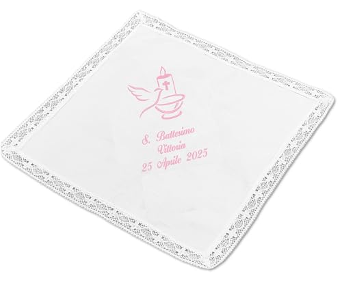 Fazzoletto Battesimo bimbo bimba personalizzato con ricamo nome e data 100% cotone Made in Italy (senza fiocco, rosa)