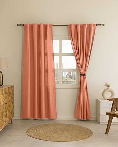 Image of THE LINEN COMPANY Solid Curtains 9 Feet Long, Duck Canvas Cotton Door Curtains, 9ft Set of 2, Peach