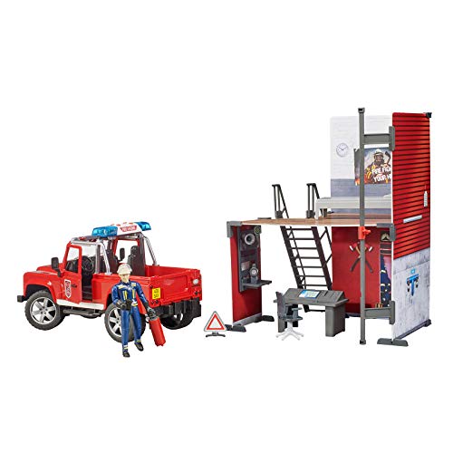 Bruder 62701 Bworld Set - Firestation W Land Rover Defender Truck, Fireman And Accessories, L&S Module #TOP2