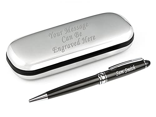 Paul Clover Personalised Engraved Pen and Engraved Classy Chrome Case - Personalised Gifts for Anniversary, Christmas, Gifts For Men and Women - Enter Your Custom Text (Black)