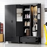 YITAHOME 71' Metal Garage Broom Cabinets with Adjustable Shelves, Vacuum Storage Cabinet with Doors and Drawer, Tool Storage Cabinet for Gym, Basement, Warehouse, Black