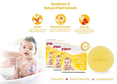 Image of Pigeon Baby Soap for Newborns 75 g (Pack of 3) | With Glycerine, Jojoba, Chamomile & Olive Oil | Paraben Free | Gentle Baby Bath Soap