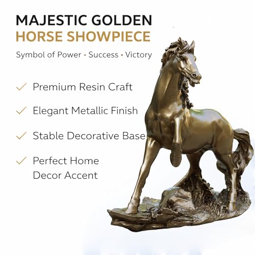 Golden Horse Showpiece Statue for Home Decor 9 Inch Resin Horse Figurine | Vastu Feng Shui Horse Statue for Office Desk Living Room Career Wealth Prosperity Gift — photo — 7 of 9