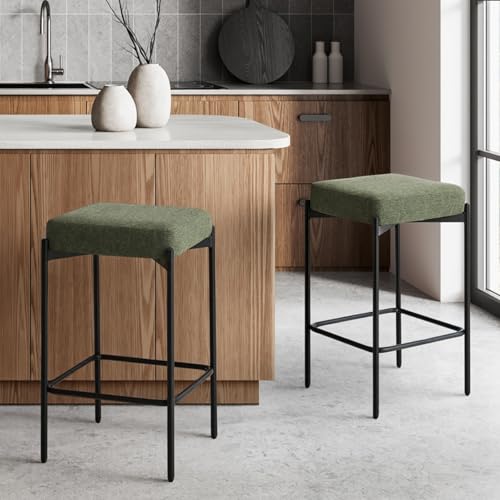 Oikiture Bar Stools Set of 2 Kitchen Square Linen Seat Stool Metal Legs Counter Chair Barstools for Kitchen Island Dining Room, Green