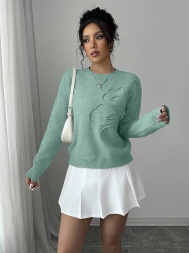 Image of Verdusa Women's Spring 3D Flower Appliques Crewneck Sweaters Long Sleeve Drop Shoulder Pullovers Knit Going Out Tops