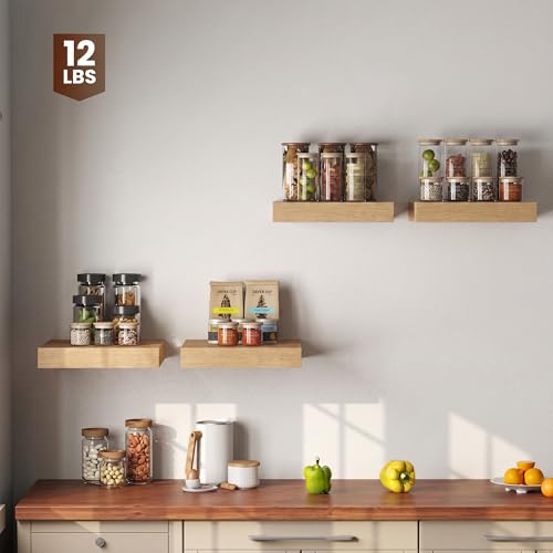 Image of Dreamland 12x12 Floating Shelves for Wall, 12 inch Deep Thicker Floating Shelves, Wall-Mounted Shelves for Bedroom, Living Room, Kitchen, Bathroom,Oak - Set of 3