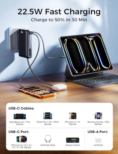 Image of Portable Charger Power Bank 50000mAh Massive Capacity with Wall Plug | Built-in USB-C & iOS Cables, 22.5W Fast Charging Battery Pack with LED Display, Travel Essential for Camping, iPhone, Samsung