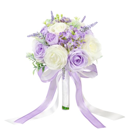 SEMONONIA Bride Bouquets for Wedding 8.5 Inch Lilac Artificial Rose