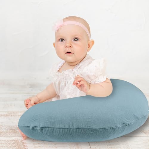 Hooyax Muslin Nursing Pillow Covers 2 Pack, Soft and Breathable Nursing Covers for Breastfeeding Pillows, Adorable Infant Feeding Pillow Slipcover for Baby Boy and Girls (Blue Grey)