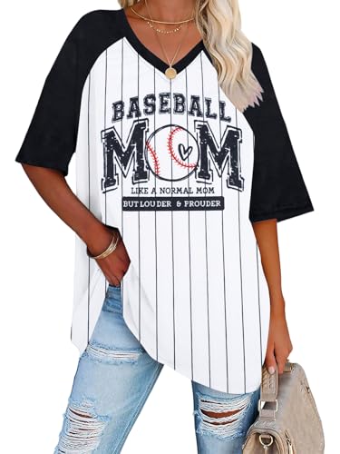 Baseball Mom Shirts for Women - Oversized V Neck Baseball Jersey Shirt Stripe Graphic Print Casual Tops Tees