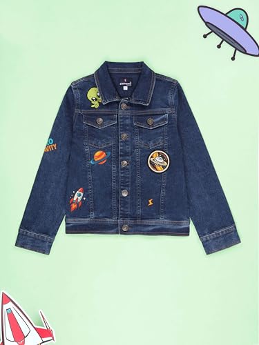Image of KiddoPanti Boys Denim Jacket | Cotton Poly Blend with Spandex | Washed Denim, Full Sleeve | Button Closure & Front Flap Pockets | Collared Neck