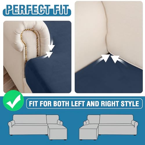 Image of Couch Cover 8-Piece Elastic Velvet Couch Cushion Covers & Chaise Slipcovers for L-Shaped Sofas, Sofa Seat Covers Washable, Soft Cover for Couches (7 Seater + Chaise, Berlin Blue)