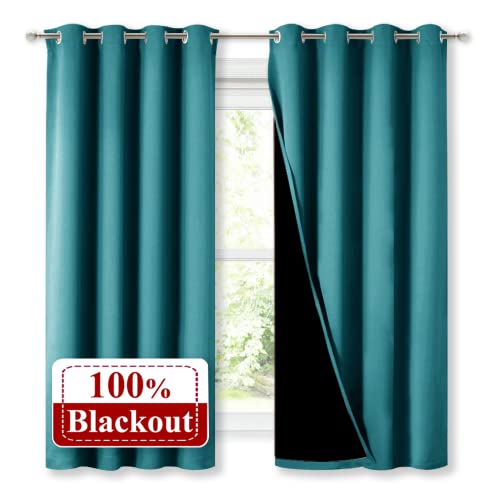 Image of NICETOWN 100% Blackout Curtains with Black Liner, Thermal Insulated Full Blackout 2-Layer Lined Drapes, Energy Efficiency Window Draperies for Bedroom (Peacock Teal, 2 Panels, 52-inch W by 63-inch L)