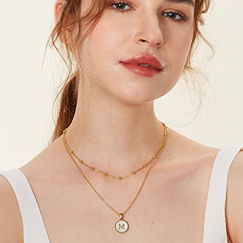 Ashfuhzl 18K Gold Initial Necklaces For Women,Cute Capital Shell Letter Necklaces For Girls,Coin Name Pendants Stainless Steel Layered Initial Necklaces(Layered-M #TOP1