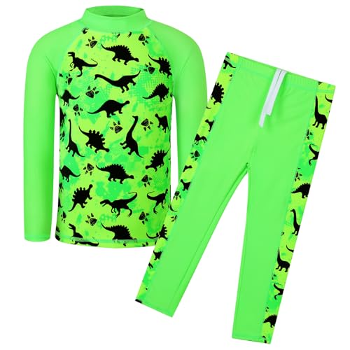 Image of TFJH E Boys Long Sleeve Rash Guard 2 Piece Swim Set UPF 50+ Age 3-14 | Soft Breathable, UV 50+, quick dry. Bright colorful prints kids love. Perfect for pool, beach, summer. active play.