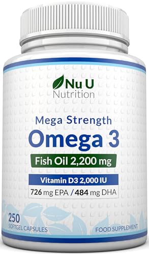 Nu U Nutrition - Omega 3 2200mg & Vitamin D3 2000IU - 250 Softgel Capsules - 726mg EPA & 484mg DHA per Serving - Alternative to Cod Liver Oil Capsules - High Strength, Wild Caught - Made in The UK
