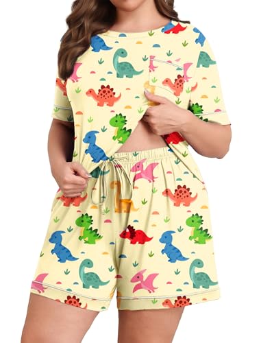 Lastshe Women Plus Size Pajama Sets Knit Soft 2 Piece Short Sleeve Shorts with Pockets Pjs Lounge Set Sleepwear,Nude Animal-4X