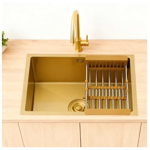 Fregadero Dorado De Acero Inoxidable De Una Sola Cubeta, Fregadero Cuadrado De Una Sola Cubeta, Montaje Empotrado O Sobre Encimera, Incluye Tubo De Drenaje, Apto Para Baño(55x40cm)