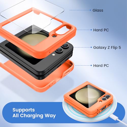 Image of Ruky for Samsung Z Flip 5 Full Body Slim Case, Orange | Protective Cover Hard PC Ultra Anti-Scratches Shockproof Wireless Charging Phone Case for Samsung Galaxy Z Flip 5, Orange