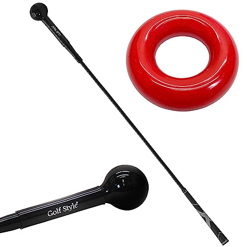 GolfStyle ゴルフ練習器具 スイングトレーナー ウエイトアップ セット 重り 140g ウエイトリング ゴルフ トレーニング器具 スイング練習 室内 屋外 素振り 飛距離 グリップ 120cmサイズ (ブラック/レッド)