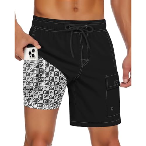 Men Swim Trunks with Compression Liner Quick Dry Breathable Multi Pockets for Summer Beach Cruise Water Park Small Camel Khaki