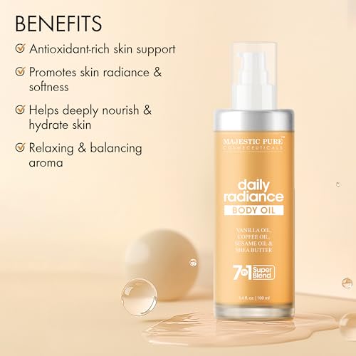 Majestic Pure Vanilla Body Oil - 100% Pure & Natural with Shea Butter, Coffee, Sesame Oils- After Shower Body Oils for Women and Men - Scented, Radiant, Firming Massage Oil - 3.4 Fl Oz
