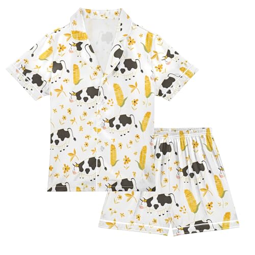 ALAZA Cute Cow Corn Pajamas Satin Pajama Set Short Sleeve Button Down Sleepwear