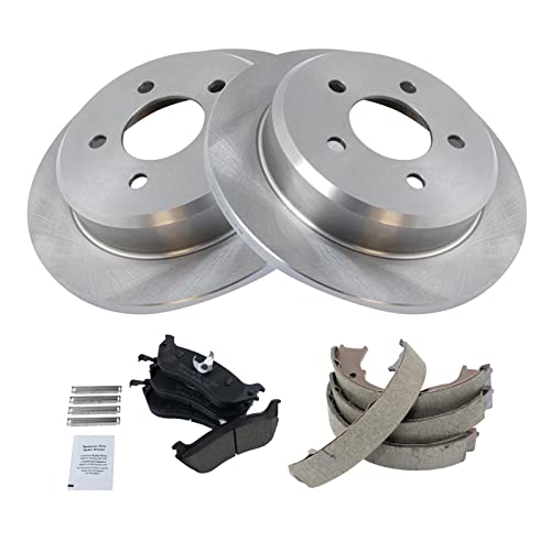 Image of TRQ Rear Brake Pad and Rotor Set Ceramic Parking Brake Shoe Compatible with 1996-2002 Ford Crown Victoria Lincoln Town Car Mercury Grand Marquis