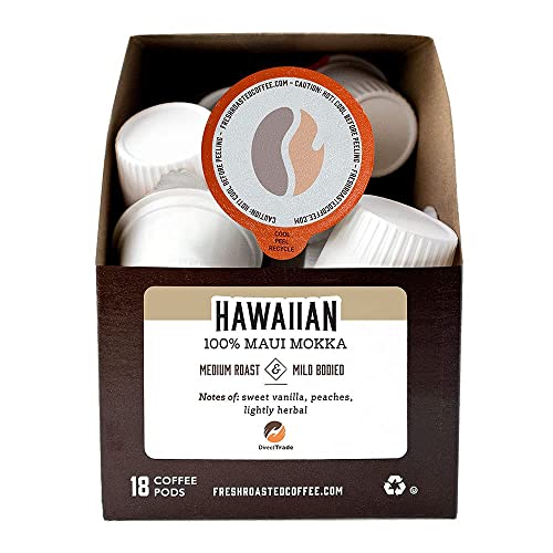 Fresh Roasted Coffee, Hawaiian Maui Mokka, Medium Roast, Kosher, K-Cup Compatible, 18 Pods