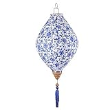 Festival 12 Inch Chinese Satin Cloth Lantern Oriental Blue and White Porcelain with Tassels Outdoor Garden Decorative Hanging Celebration(Lemon)