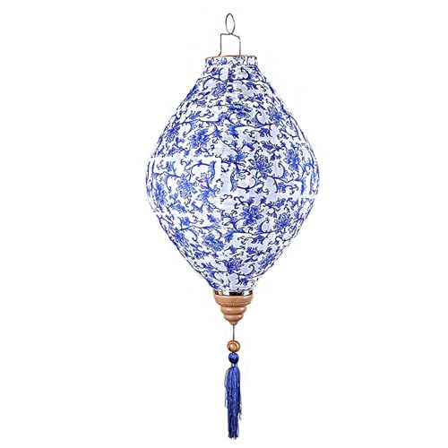 Farol chino de tela satinada 30 cm (12 pulgadas), farol oriental porcelana azul y blanca con borlas, colgante decorativo for jardín o exterior(Lemon)