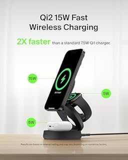 Belkin MagSafe-Compatible Charger, 3-in-1 Convertible Wireless Charging Station, Qi2-Certified 15W Wireless Charger for iPhone 17, Air, Apple Watch, AirPods, Pixelsnap, 36W Plug Included - Black