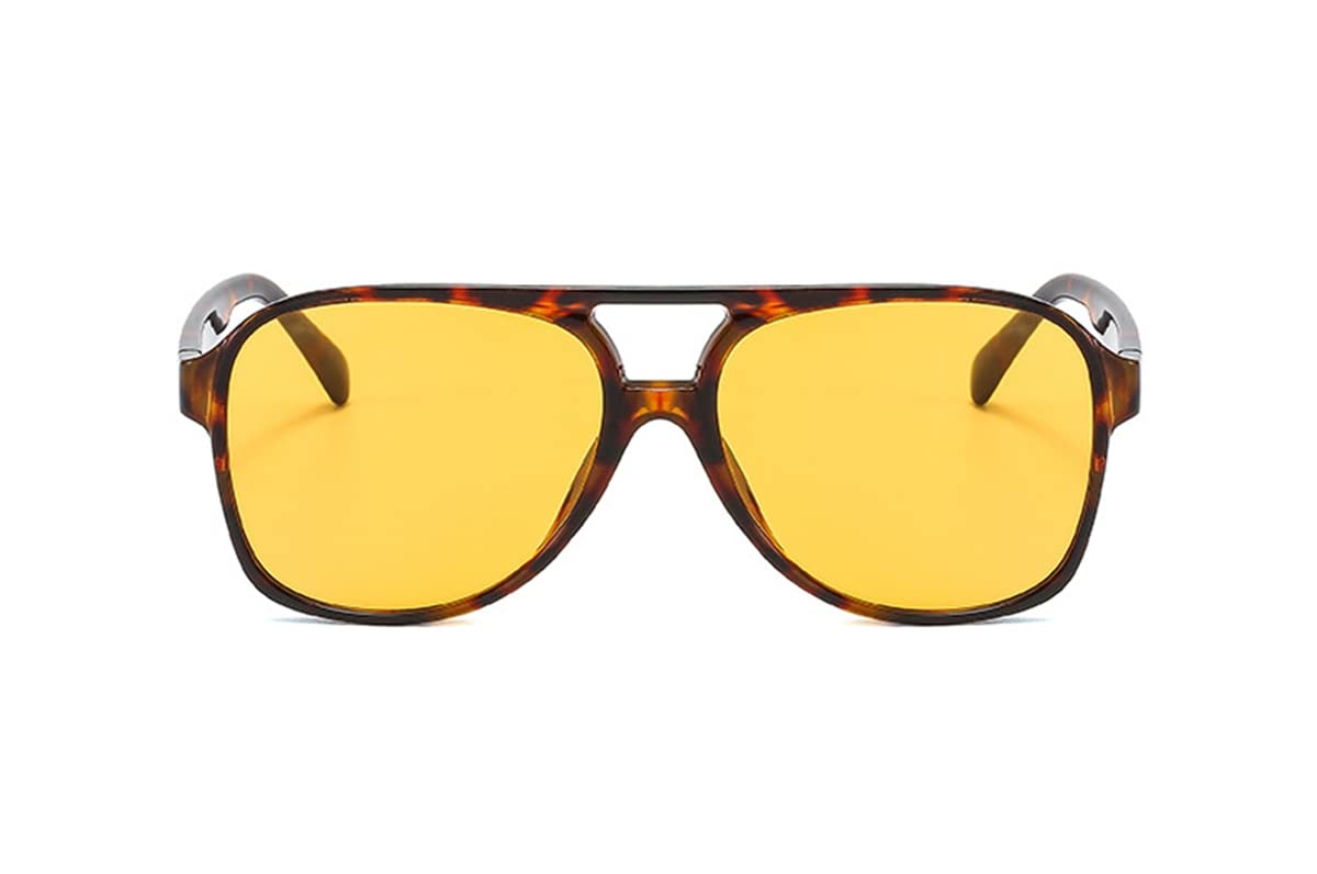 IKUVNA Vintage Aviator Sunglasses for Women Men 70s Glasses Retro Oversized Yellow Lens Shades (Leopard Yellow)