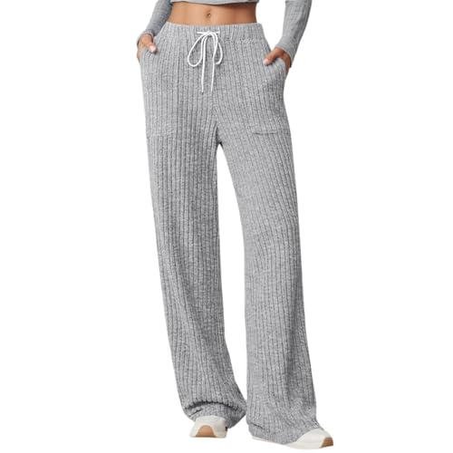 Generisch Pantalón de punto casual de cintura alta para mujer en textura acanalada con bolsillos Cómoda falda de ocio para el invierno, gris, XL