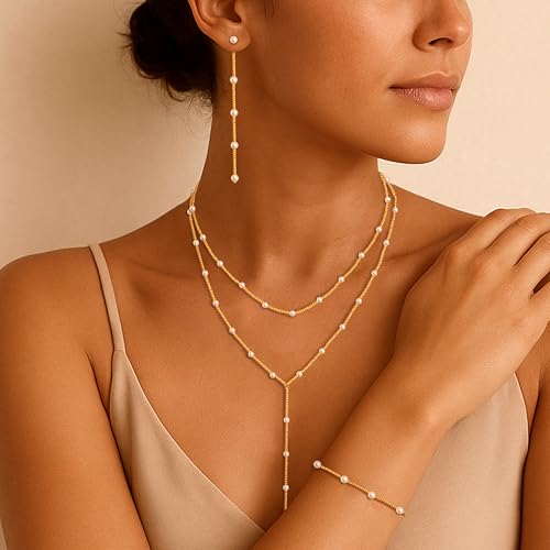Image of Zeffy Gold Pearl Necklace for Women, Dainty 14K Gold /Silve Plated Layered Pearl Choker Pearl Earrings Pearl Bracelets Wedding Trendy Gold Jewelry Set for Women Gifts