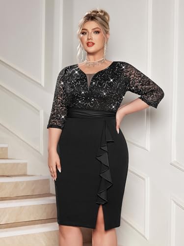 Image of MISSMAY Plus Size Lace Ruffle Cocktail Party Dress | Sequined Dress,V Neck,Ruffle Split Hem,Party Dress,Sparkle,Curvy Women,Bodycon Dress
