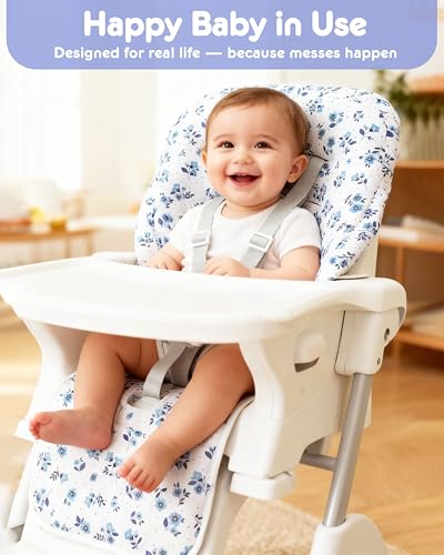 Image of Baby High Chair Cover Replacement, Reversible & Waterproof High Chair Cushion Pad Home & Restaurant use, Includes 5-Point Harness Strap, Chair Not Included - Blue