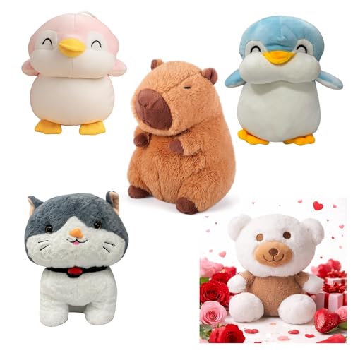 Image of EITHEO Panda Blue Penguin Pink Capybara Teddy White Cat Yellow Pack 5 Soft Plush Stuffed Animals for Kids Boys Girls | Gift Set