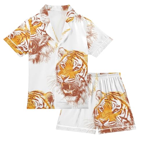 Satin Pajama Sets Short Sleeve Tiger Roar Pattern Button Down Silky Nightwear 2 Piece PJS 5-14Y